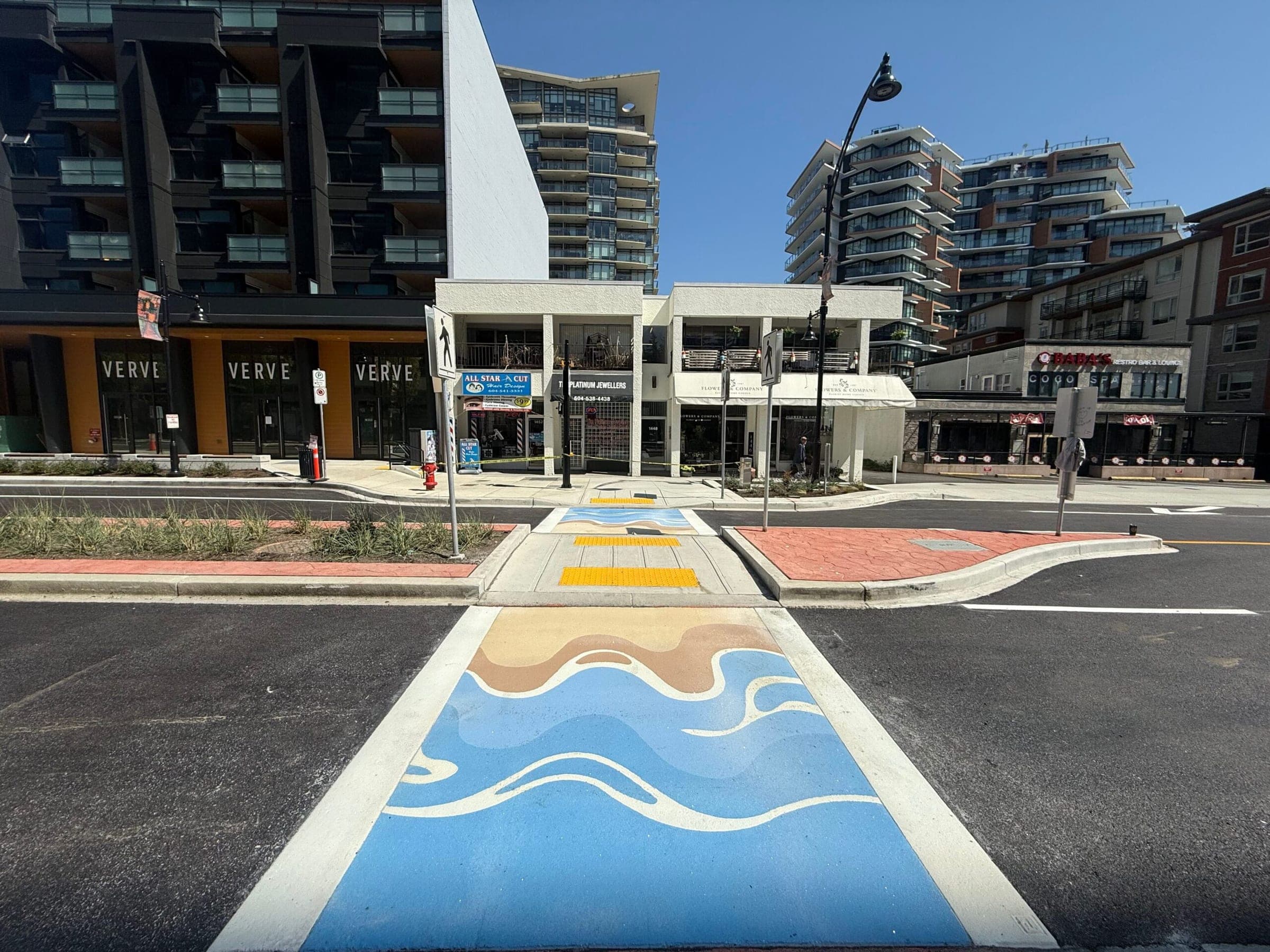 Artist-designed crosswalk — White Rock — TrafficPatterns installed by Square One in White Rock, BC