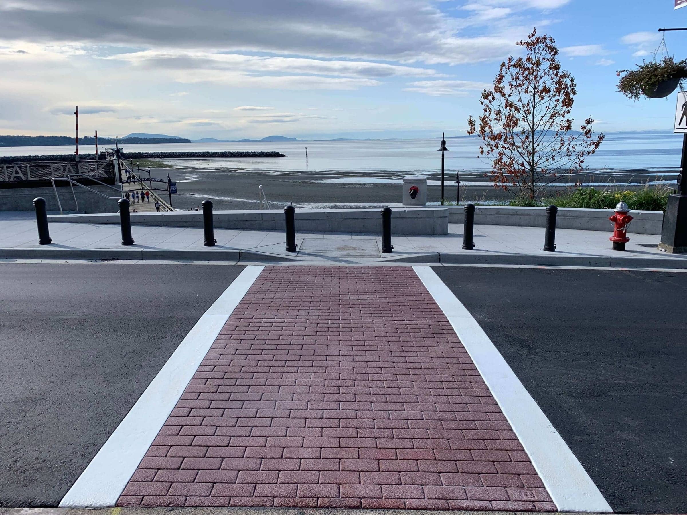 Red TrafficPatternsXD crosswalk leading to the White Rock Pier