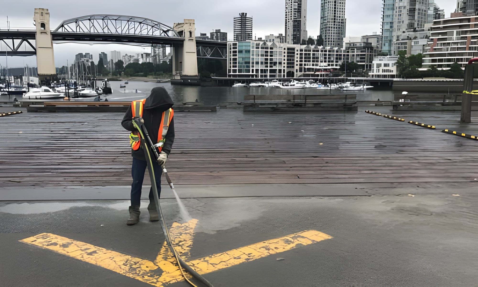 A Square One operator vapour blasting a painted marking off the Granville Island boardwalk, Vancouver