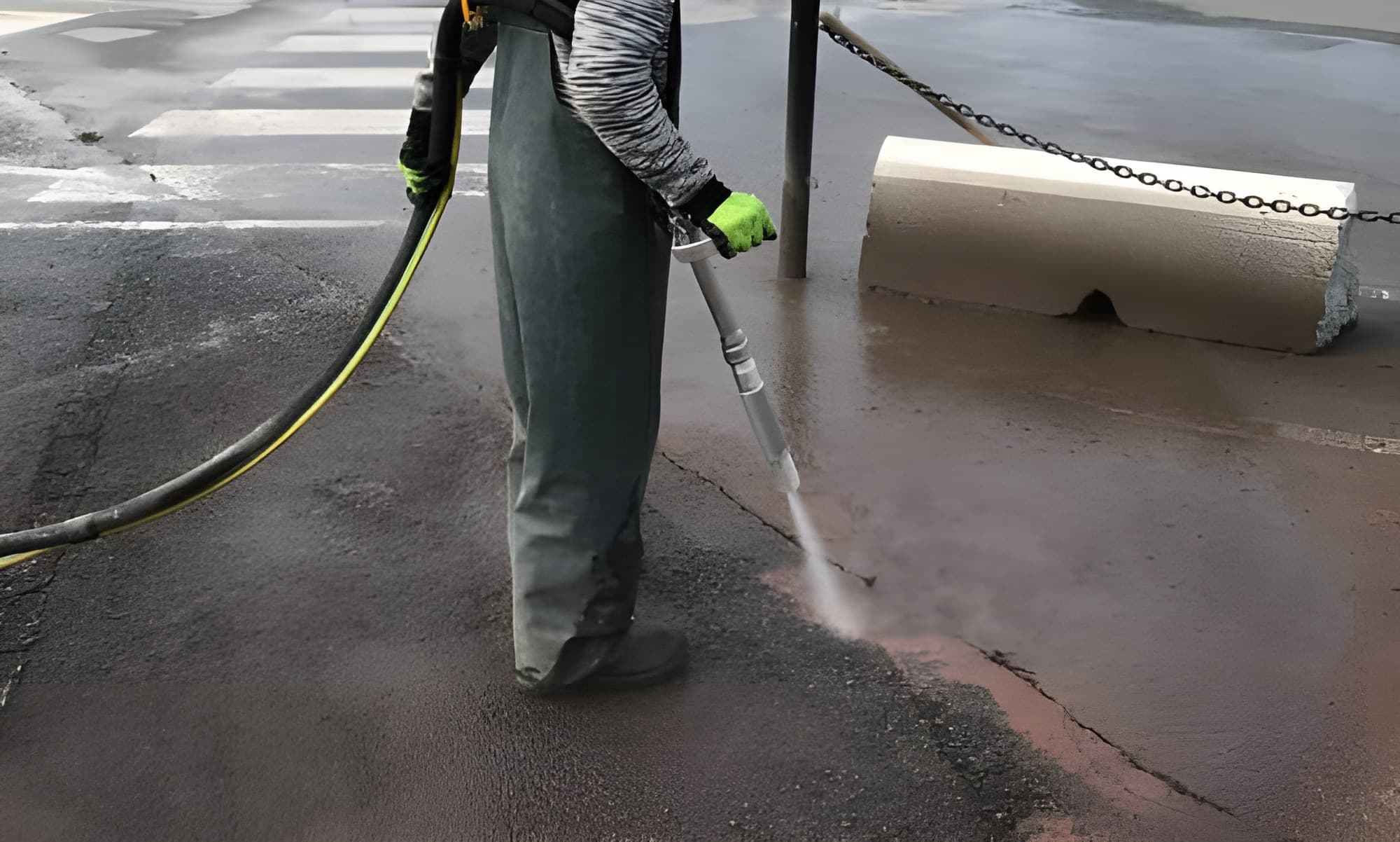 Square One stripping a red coating from a public walkway with the vapour blasting rig